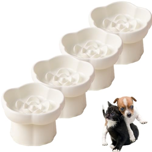 Ceramic Elevated Slow Feeder Cat Bowl,Anti Vomit Design for Whisker Fatigue Relief,Elevated Slow Feeder Bowls for Indoor Cats&Small Breeds,Perfect for Wet Food&Small Dogs (4, White) - color: White, 4