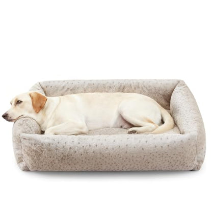 JOEJOY XL Dog Beds Large Sized Dog, Removable Washable Cover Orthopedic Soft Faux Rabbit Fur Pet Bed, Anti-Slip Fluffy Plush Faux Rabbit Fur Puppy Bed, 42"x36"x9", Leopard Print, Beige - color: Beige, size: XL (42"x36"x9")