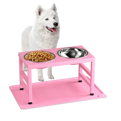 ADENGL Pink Metal Raised Dog Bowl Stand for Large Dogs, Stronger Elevated Dogs Bowls with Sprill Proof Mat, Food & Water Bowl 10in Tall Feeder (42OZ-Stainless Steel Dog Bowls, Mat-12x19 in) - color: Pink - L Silicone Dog Mat, size: Height:10inch