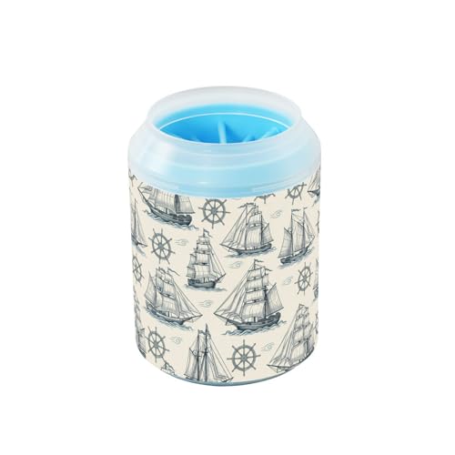 Ships Beige Pattern Dog Paw Cleaner Cup with Soft Silicone Brush, Lightweight Small Portable Muddy Paw Washer for Dogs, Easy to Use Pet Foot Cleaner