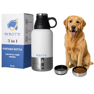 3-in-1 Portable Dog Water Bottle, 32oz Stainless Steel Insulated, Includes 2 Collapsible Bowls - Leakproof Travel Water Dispenser for Dogs
