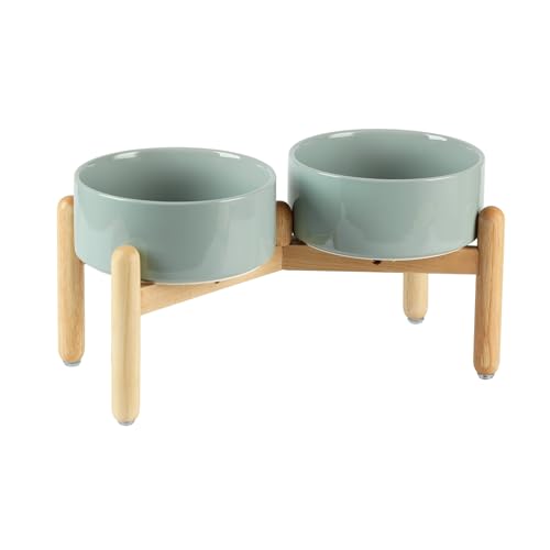 Havniva 7.3inch Ceramic Raised Dog Bowl with Stand, Double Dog Bowls Elevated for Medium Breed Dog Food and Water Bowl Set Non-Slip Dog Dish Large Capacity Feeding Pet Water Bowl - color: 2 Bowls+Stand - Light Green, size: 7.3inch