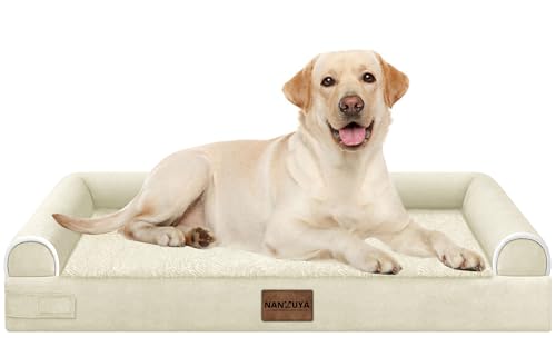 NANUYA Orthopedic Dog Bed for Large Dogs, 38 x 25 Inch, Beige | Egg crate foam for joint support, 3-sided bolster pet sofa, waterproof lining, washable cover, and non-skid base - color: Beige, size: 38.0"L x 25.0"W x 6.5"Th
