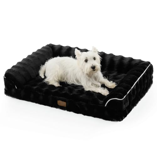 COZY KISS Faux Rabbit Fur Orthopedic Dog Bed, Dog Bed for Large Size, Supportive Foam Pet Sofa with Waterproof Lining Cover, Washable U-Shaped Pet Couch with Anti-Slip Bottom, Black L 36x27x6.5 inch - color: Black, size: L (36x27x6.5 inch)
