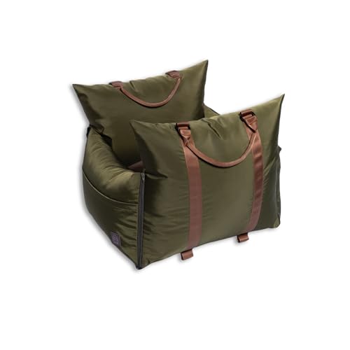 4 Cats & Dogs Marco Travel Pet Bed – Dog Car Seat for Small & Medium Dogs, Waterproof, Faux Fur Cushion, Safety Belt, Washable Cover, Storage Pockets, Booster Seat (Army, Single Seater 18.5" x 21") - color: Army, size: Single Seater