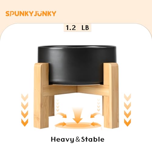 SPUNKYJUNKY Ceramic Elevated Dog Bowls 2 Pack - 5.1inch Raised Dog Bowls with Non-Slip Wooden Stand for Small Dogs Dishwasher Safe(Black,13.5OZ*2) - color: Black, size: Small - 1.7 CUPS*2