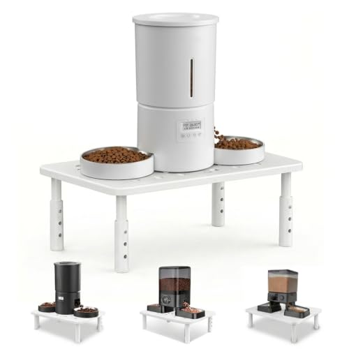 Raised Automatic Cat Feeder Stand for Double Bowl Feeders, Carbon Steel 14.57 x 9.25 in, 3 Adjustable Heights 4.13-5.71 in, Non-Slip, Fits Feeders & Water Dispensers, No-Drill (White) - color: White