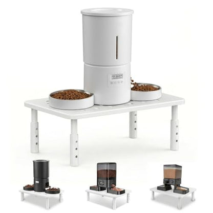 Raised Automatic Cat Feeder Stand for Double Bowl Feeders, Carbon Steel 14.57 x 9.25 in, 3 Adjustable Heights 4.13-5.71 in, Non-Slip, Fits Feeders & Water Dispensers, No-Drill (White) - color: White