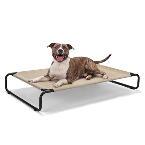 Veehoo Cooling Elevated Dog Bed, Outdoor Dog Bed for Large Dogs, Raised Dog Cot with Thickened Frame, Durable Teslin Mesh & Anti-Slip Rubber Feet, Pet Hammock for Indoor or Camping, 45" x 30", Beige - color: Beige, size: 45.0" x 30.0" x 7.9"