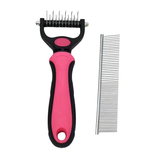 Pet Grooming Rake and Comb, Double-Sided Undercoat Detangling Dematting Tool, Stainless Steel, for Long and Short Hair Cats and Dogs (Red) - color: Red