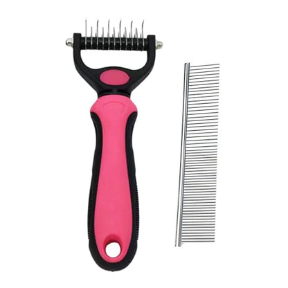Pet Grooming Rake and Comb, Double-Sided Undercoat Detangling Dematting Tool, Stainless Steel, for Long and Short Hair Cats and Dogs (Red) - color: Red