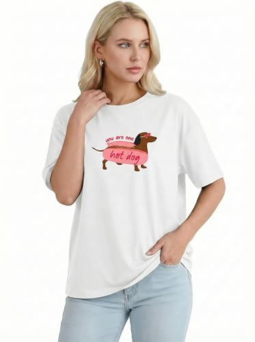 Aiyino Womens Funny Dog Graphic Tee Oversized Dog Lover Shirt | 100 Percent Cotton Soft Breathable Lightweight Everyday Comfort - color: Hot Dog White, size: Medium