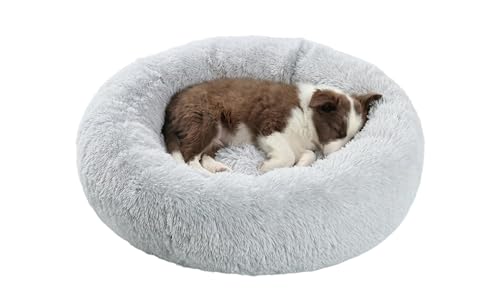 SAVFOX 23 inches Calming Donut Dog Bed - 3X Durable Plush Faux Fur, Machine Washable & Non-Slip, Fits up to 25 lbs, Light Grey - color: Light Grey, size: Small | 23"x23"