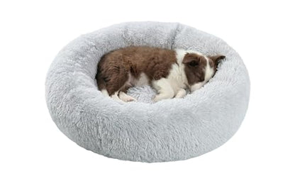 SAVFOX 23 inches Calming Donut Dog Bed - 3X Durable Plush Faux Fur, Machine Washable & Non-Slip, Fits up to 25 lbs, Light Grey - color: Light Grey, size: Small | 23"x23"