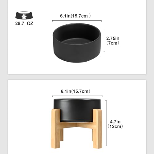 SPUNKYJUNKY Ceramic Elevated Dog Bowls 2 Pack - 6.1inch Raised Dog Bowls with Non-Slip Wooden Stand for Medium Dogs Dishwasher Safe(Black,28.7OZ*2) - color: Black, size: Medium - 3.6 CUPS*2