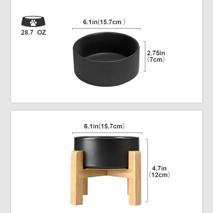 SPUNKYJUNKY Ceramic Elevated Dog Bowls 2 Pack - 6.1inch Raised Dog Bowls with Non-Slip Wooden Stand for Medium Dogs Dishwasher Safe(Black,28.7OZ*2) - color: Black, size: Medium - 3.6 CUPS*2