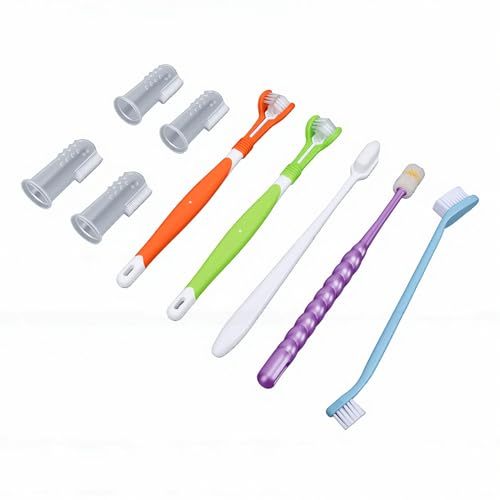 Finger Rubber Pet Toothbrush Set, Triple Head Double Head Dog Toothbrush for Multi Angle Oral Cleaning of Dog Cat (Set 1)