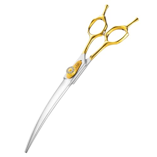7 Inch Curved Dog Grooming Scissors Made Of 440C Stainless Steel Professional Downward Curved Pet Face Trimming Shears with Jewelled Screw, Sharp & Comfortable for Groomers - style: Gold Down-curved