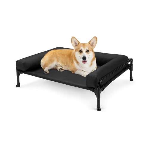 Veehoo Elevated Raised Dog Bed-Cooling Outdoor Dog Cot Bed for Medium Sized Dogs Three-Sided Fence Raised Pet Cot with Mesh & No-Slip Feet Dog Hammock Bed with Removable Bolster-29 x 18" Black - color: Black, size: 29.0"L x 18.0"W x 11.0"Th