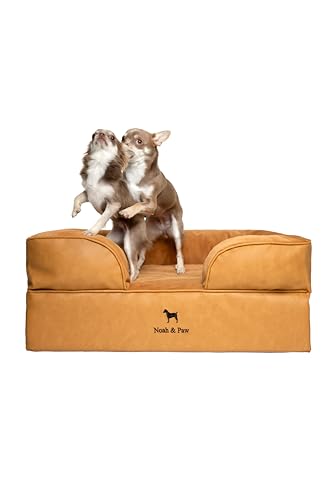 NOAH & PAW Dog Bed, 28x23x11 Inch, Orthopedic Dog Beds for Medium Size Pets, Eggshell Memory Foam Infused with Cooling Gel, Inner Cover, Water Resistant, Machine Washable (Faux Leather) - color: Vegan Leather - Camel, size: Medium