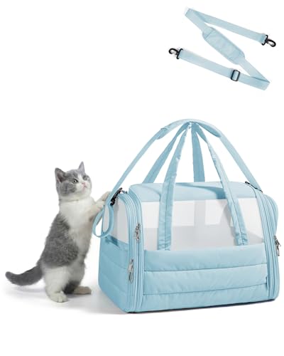 BAGSMART Cat Carrier: Soft-Sided Pet Carrier for Small Medium Cats Dogs Puppy Quilted Collapsible Puffy Travel Bag Up to 20 Lbs Baby Blue - color: Baby Blue, size: 18.1"L x 11.0"W x 11.0"H
