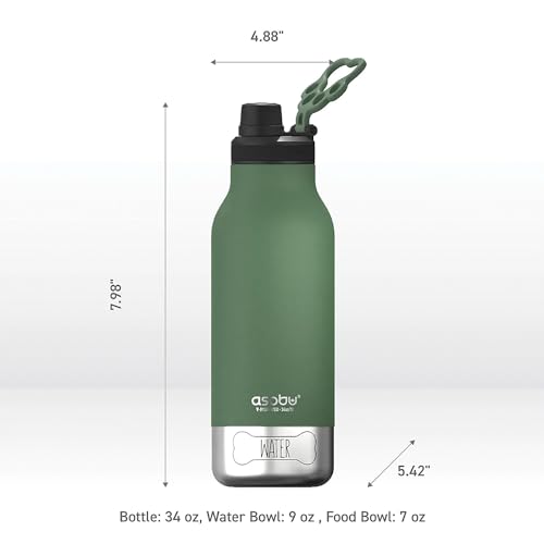 asobu Dog Barky Bottle - 음식, 간식 및 물을 위한 탈착식 강아지 그릇 2개가 있는 단열 스테인리스 스틸 물병 - 하이킹, 도로 여행 및 야외 모험을 위한 반려동물 친화적인 여행용 병 - color: 바질 그린.