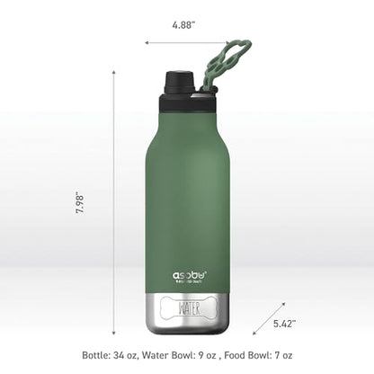 asobu Dog Barky Bottle - 음식, 간식 및 물을 위한 탈착식 강아지 그릇 2개가 있는 단열 스테인리스 스틸 물병 - 하이킹, 도로 여행 및 야외 모험을 위한 반려동물 친화적인 여행용 병 - color: 바질 그린.