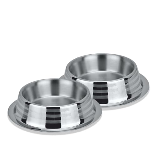 Stainless Steel Dog Bowls | Cat Bowls (Pack of 2) - Anti Skid & Non Tip Dog Water Bowl | Cat Water Bowl Set - Dishwasher Safe - 32 Oz - 950 ml - 23 cm Diameter (Elegant Silver Stripes)