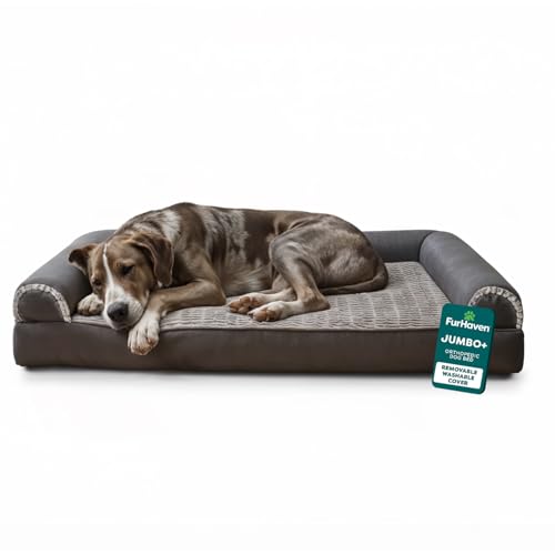 FurHaven Orthopedic Dog Bed For Large Dogs, Sofa Contour Mattress with Solid Orthopedic Foam Slab for Joint Support, Removable Washable Cover, Jumbo Plus XXL, Faux Fur, Charcoal - color: Charcoal, size: Jumbo Plus