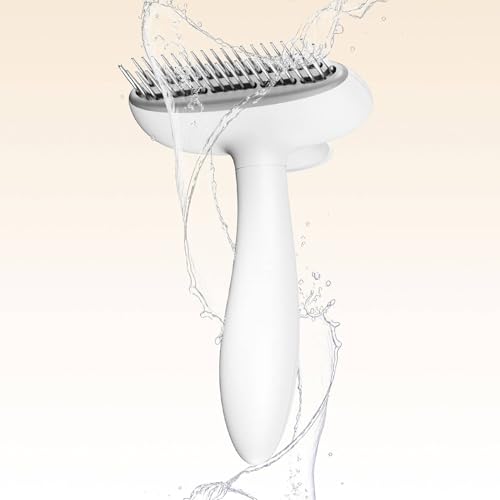 Self Cleaning Dog Deshedding Brush for Long Haired Dogs, 360° Rotating Comb Needles, Wider, Ergonomic Handle (White)