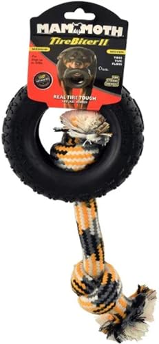 Mammoth Pet Products TireBiter w/Cotton-Poly Rope – Natural Rubber Dog Toys for Extreme Chewers – Dog Toys for Extra Long Interactive Play – Aggressive Chewer Toys for Small - Medium Dogs - Medium 5” - size: Medium 5", style: Tire with Cotton-Poly Rope