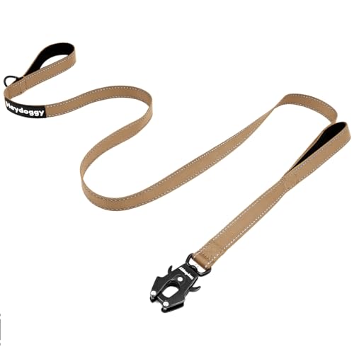 Strong Heavy Duty Dog Leash - 5ft Reflective Nylon Training Leash with Soft Padded Double Handle & Auto Lock Frog Clip - Safety Traffic Control for Large Medium Small Dogs No Pull Walk Khaki,4ft - color: Khaki, size: 4FT x 1" x 2.8MM