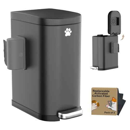 Dog Poop Trash Can Outside with Odor Control Lid & Step Pedal, 3.2Gal Stainless Steel Outdoor Trash Can, Waterproof Dog Waste Container - Includes 3 Carbon Filters & Bin Bag Holder - color: Matte Black