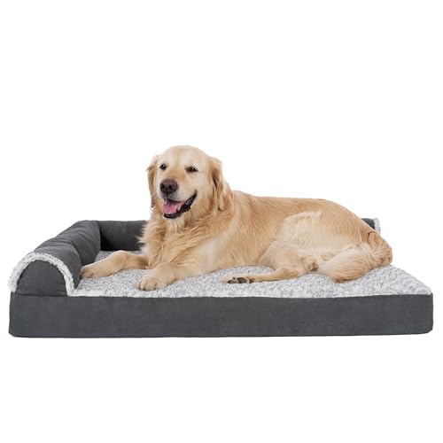 Furhaven Orthopedic Dog Bed for Large Dogs w/ Removable Bolsters & Washable Cover, For Dogs Up to 95 lbs - Two-Tone Plush Faux Fur & Suede L Shaped Chaise - Stone Gray, Jumbo/XL - color: Stone Gray, size: Jumbo