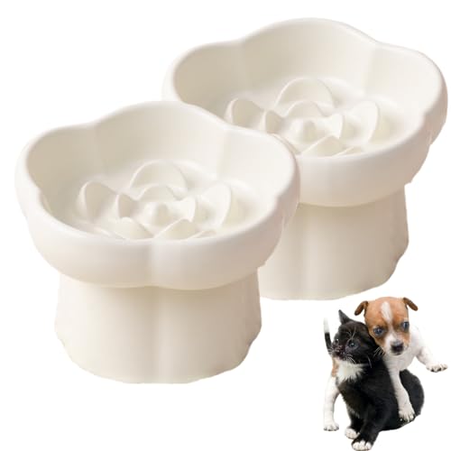 Ceramic Elevated Slow Feeder Cat Bowl,Anti Vomit Design for Whisker Fatigue Relief,Elevated Slow Feeder Bowls for Indoor Cats&Small Breeds,Perfect for Wet Food&Small Dogs (2, White) - color: White, 2
