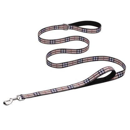 Hikiko 4 Foot Cute Girl Double Handle Dog Leash Padded Traffic Handles for Walking Training (Beige Plaid, 4ft) - color: Beige Plaid, size: 3/4 in x 4 ft