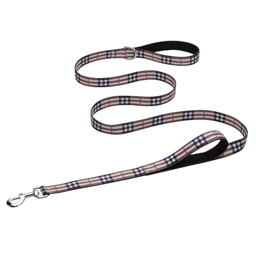 Hikiko Double Handle Dog Leash Cute Girl 5 Foot Padded Traffic Handles for Walking Training (Beige Plaid, 5ft) - color: Beige Plaid, size: 1 in x 5 ft