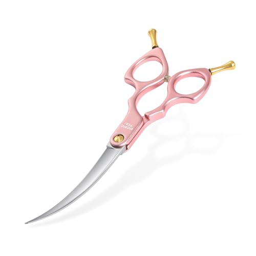 6.5'' Small Curved Dog Grooming Scissors Pink Professional Trimming Shears with Ultra-Lightweight Offset Handle CNC 440C Stainless Steel Blades Pet Scissors for Face and Paws - color: Pink Curved