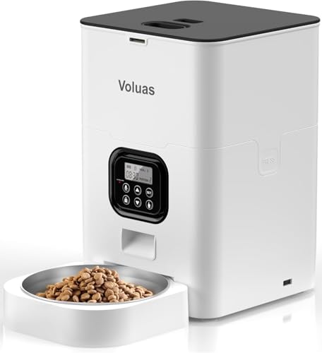 VOLUAS Automatic Cat Feeder, 4L Timed Dry Food Dispenser for Cats & Dogs | Programmable Portion Control, Up to 4 Meals Daily, Dual Power Supply, Power-Off Memory, 10-Second Voice Recorder - color: White Opaque, size: 4 L