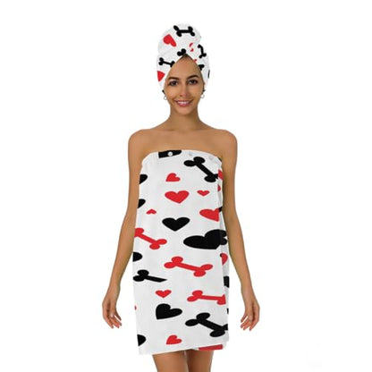 Hearts Dog Bones Microfiber Bathrobe and Hair Towel Wrap Set for Women Quick Dry Shower Towels Wrap Absorbent Soft Bath Robe and Hair Drying Cap for Spa After Shower