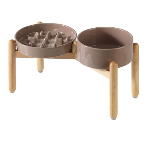 Havniva 8.2” Raised Slow Feeder Dog Bowls Set, 1.6 Cups Ceramic Slow Feeder Dog Bowl and 7.3” Dog Water Bowl with Elevated Wooden Stand Puzzle Dog Food Bowl for Medium Dogs Anti-Gulping & Anti-Choking - color: 2 x Brown Coffee+Stand-C, size: 8.2inch