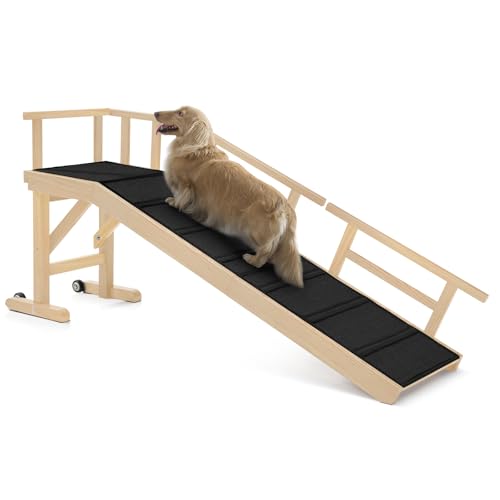 Dog Ramp for Bed or Couch, Wooden Pet Ramp with 20° Gentle Slope, Removable Side Rails, Non-Slip Surface, Top Platform & Wheels, Safe Bed Ramp for Small, Large & Senior Dogs, 60" Long, Natural - color: Natural, size: M-60"L x 16"W x 20"H