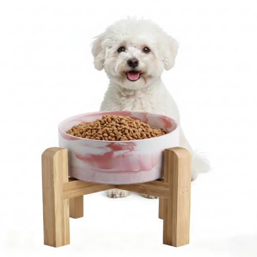 Elevated/Raised Ceramic Dog Bowl with Bamboo Stand,Marble Pattern 6 Inch 3.6 Cups Non Slip Heavy Weighted Single Pet Dish, for Small Medium Breed & Cats,Reduces Neck Strain Marble Pink - color: Marble Pink, size: 3.6 Cups - Medium