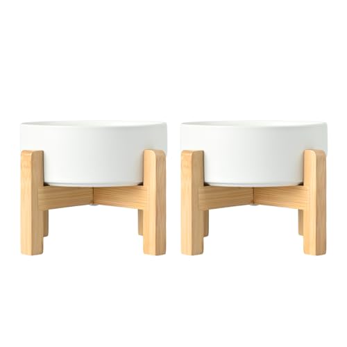 SPUNKYJUNKY Ceramic Elevated Dog Bowls 2 Pack - 8.3inch Raised Dog Bowls with Non-Slip Wooden Stand for Large Dogs Dishwasher Safe(White,60OZ*2) - color: White, size: Large - 7.6 CUPS*2