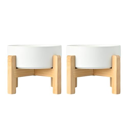 SPUNKYJUNKY Ceramic Elevated Dog Bowls 2 Pack - 8.3inch Raised Dog Bowls with Non-Slip Wooden Stand for Large Dogs Dishwasher Safe(White,60OZ*2) - color: White, size: Large - 7.6 CUPS*2