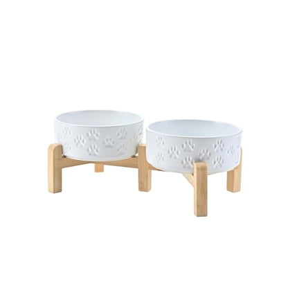 SPUNKYJUNKY Elevated Dog Bowls Ceramic, 5.1'' Dogs and Cat Food Water Bowls Raised with Non-Slip Bamboo Stand for Puppy Small Sized Breed Microwave Dishwasher Safe - 13.5 OZ,Paw White - color: Paw White, size: 5.1 in - 1.7 cups