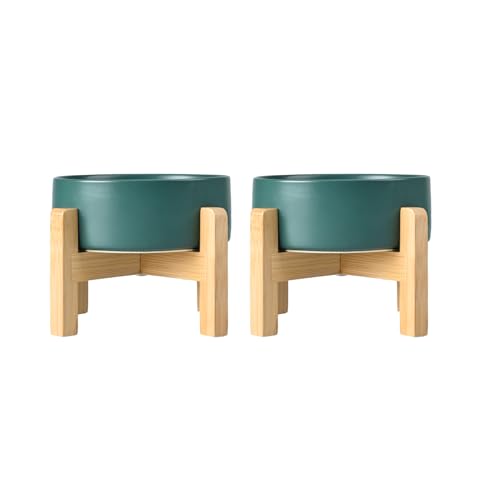 SPUNKYJUNKY Ceramic Elevated Dog Bowls 2 Pack - 5.1inch Raised Dog Bowls with Non-Slip Wooden Stand for Small Dogs Dishwasher Safe(Green,13.5OZ*2) - color: Green, size: Small - 1.7 CUPS*2