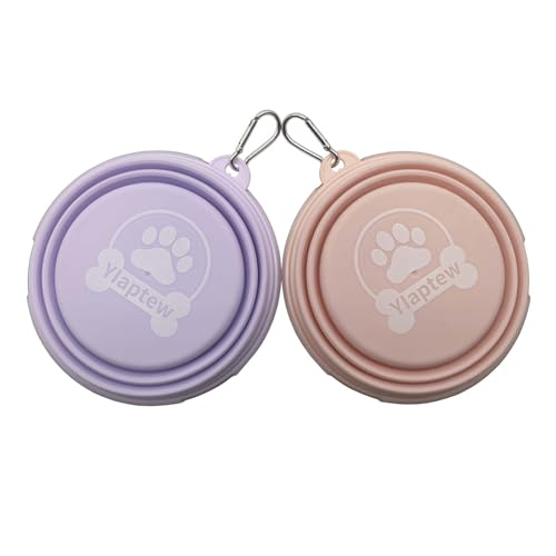 Small Collapsible Dog Bowl 12oz,2 Pack Portable and Foldable Pet Travel Bowls with 2 Carabiners & Lids for Dogs Cats and Small Animals (Macaron Purple+Pink, 350ml)