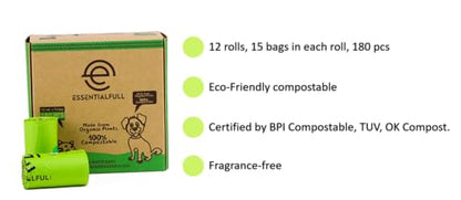 Biodegradable Cat & Dog Bags, Certified Compostable Poop Bags with Handles, 180 Count Refill Rolls, Plant Based and Leak Proof