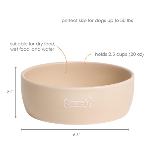 Pearhead Ceramic Dog Bowl – Neutral Taupe “Woof” Design, Holds 2.5 Cups, Non-Skid Stoneware Pet Feeding Dish, 20 oz, Medium - color: Taupe Woof Bowl, size: Medium